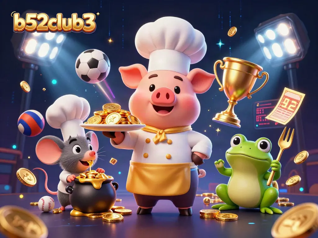 b52club3 enhances the gaming experience with vibrant characters serving gold and dynamic sports elements.