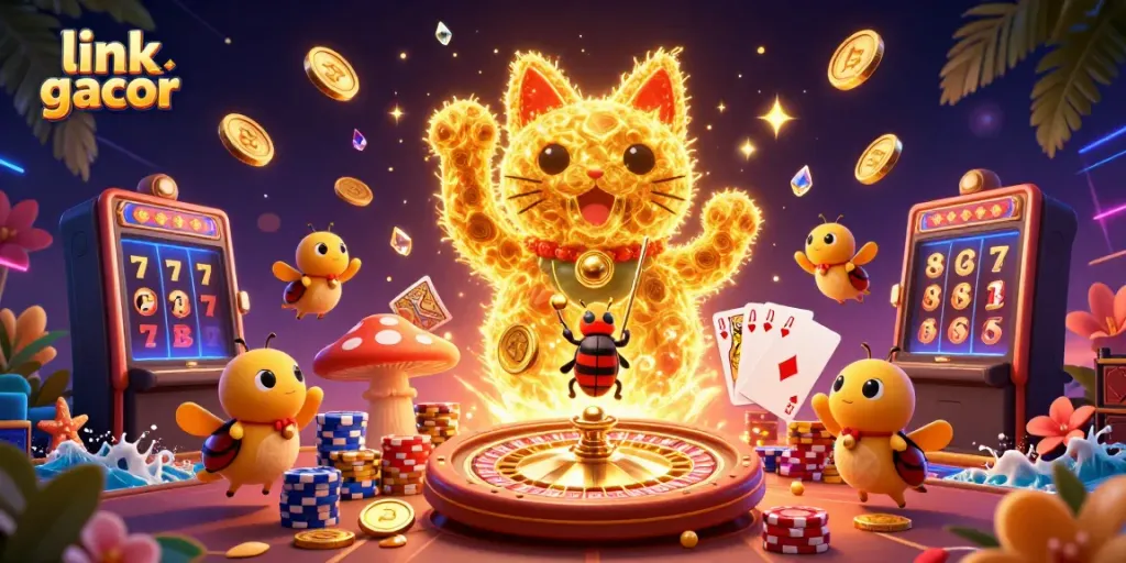 Experience thrilling wins at link gacor with vibrant casino elements and a stunning animated lucky cat.