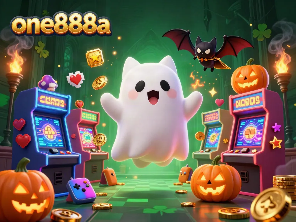 Engage with the lively world of one888a, featuring a ghost cat and bat companion in a dynamic casino scene.