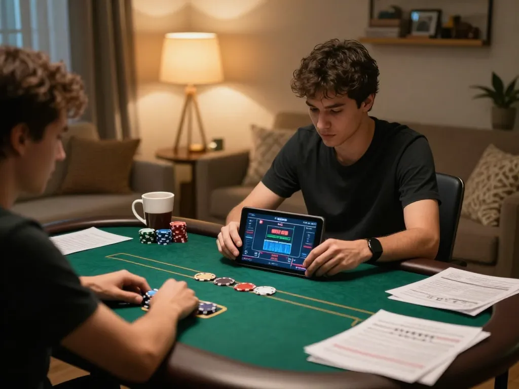 Engaged player strategizing on the sunwin online poker platform in a cozy home setting.