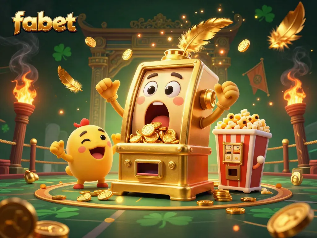 Fabet's lively 3D slot machine celebrating a jackpot, surrounded by cheering mini slots and gold coins.