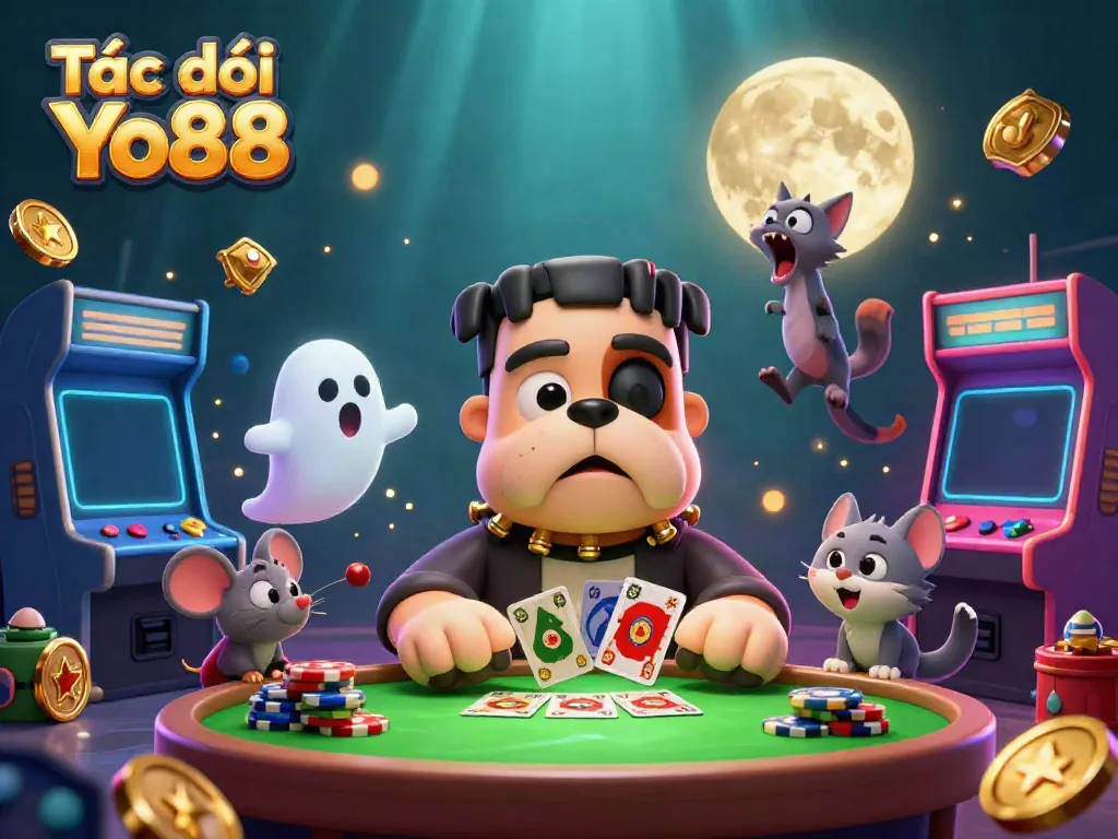 Tác giả Yo88 showcases a vibrant casino scene with animated characters and gaming elements.