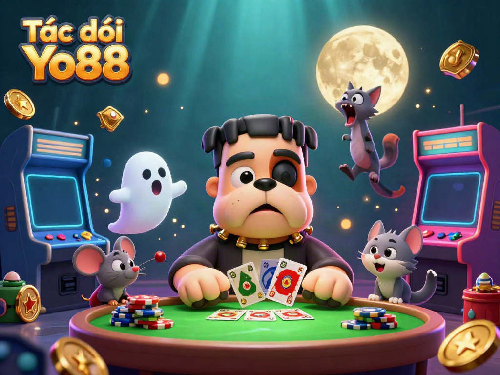 Tác giả Yo88 showcases a vibrant casino scene with animated characters and gaming elements.