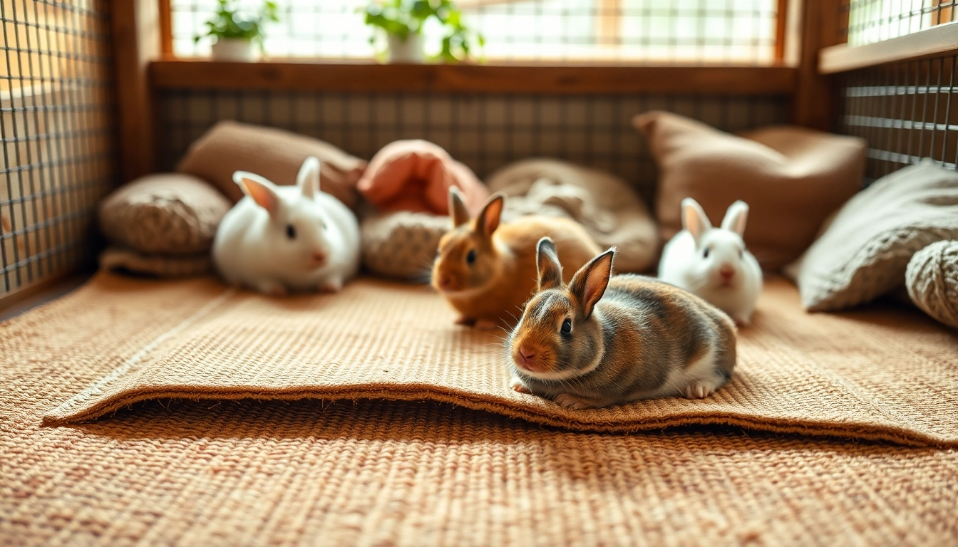 Hanfmatte in einem Tiergehege mit glücklichen Kaninchen und Meerschweinchen.
