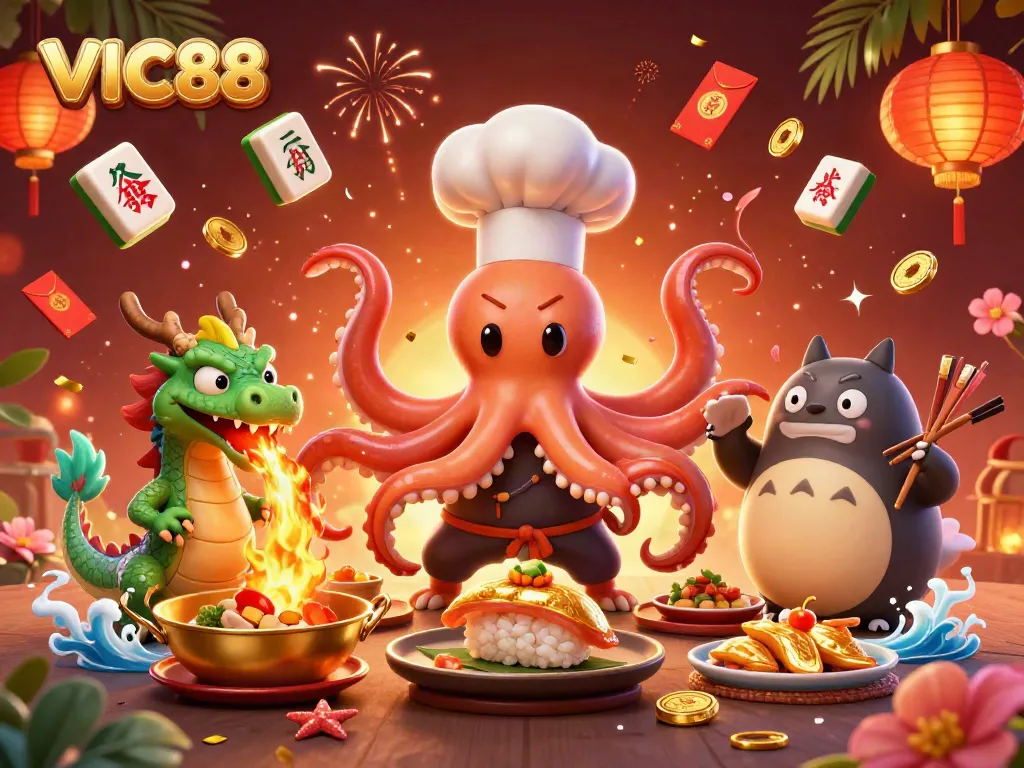 Experience the vibrant energy of VIC88 in this animated casino scene featuring exquisite food and fantasy elements.