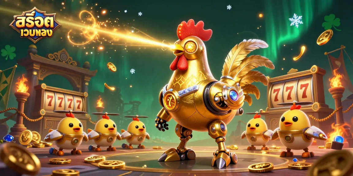 Engage with สล็อตเว็บตรง through an action-packed 3D scene of a golden rooster robot and baby chick drones.