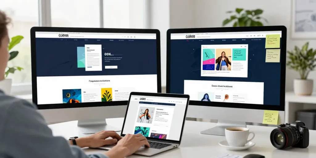 Webdesign Saarland: Designer in modernem Büro mit Laptop und zweifachem Monitor-Setup