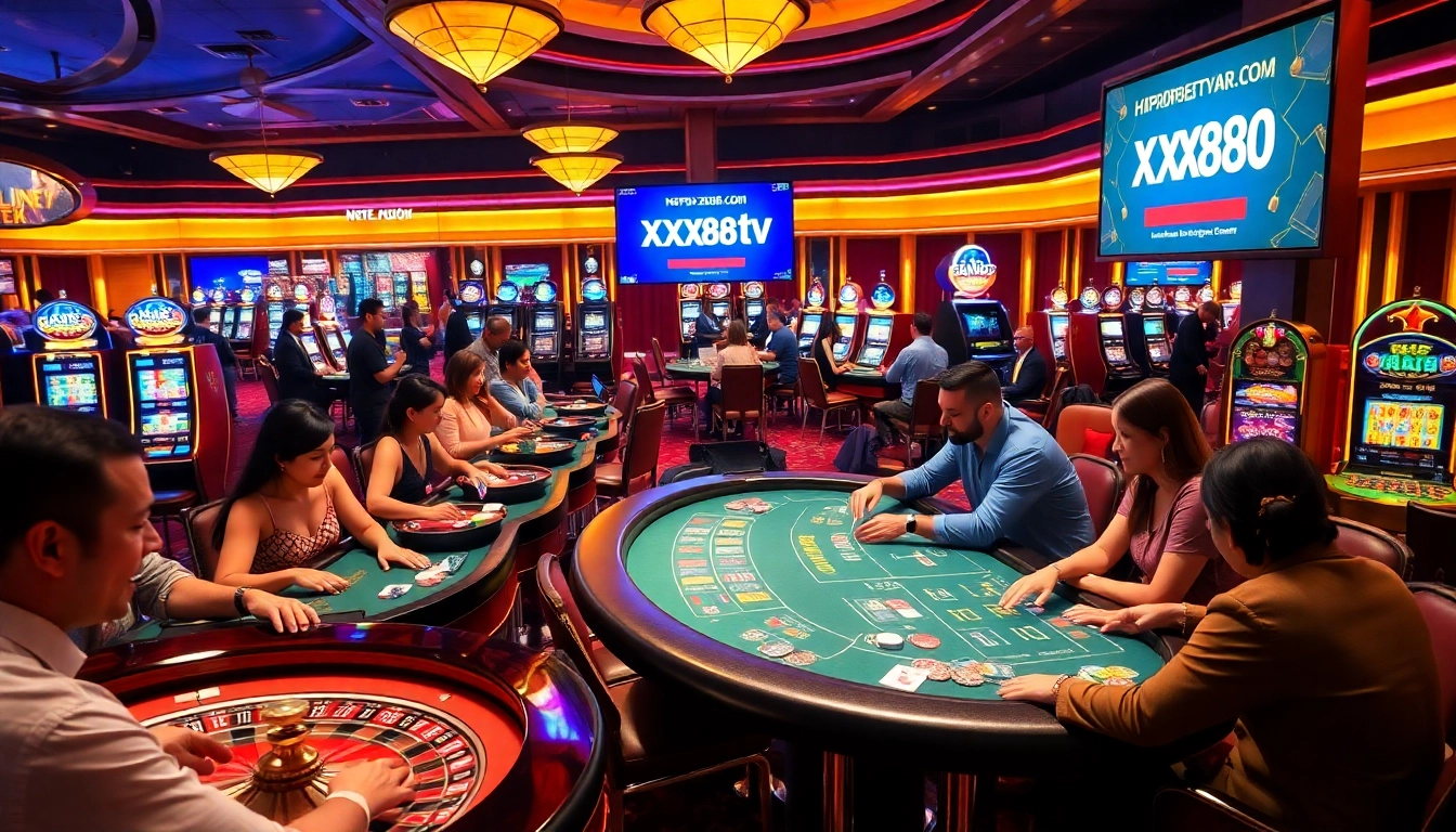 Players enjoying a thrilling game at https://xx88tv.com/ casino, showcasing excitement and luxury in the atmosphere.