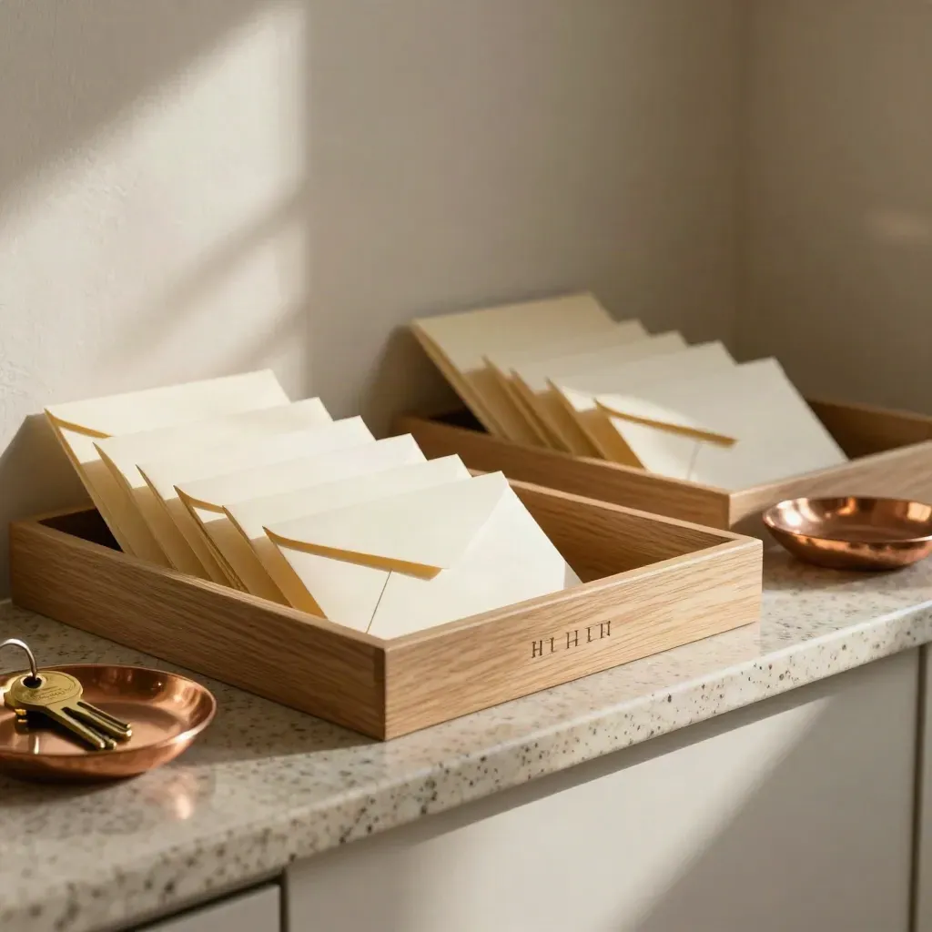 Gestaffelte Brieftrays mit Umschlägen und Schlüsselbrett in einer ruhigen Berliner Empfangsnische.
