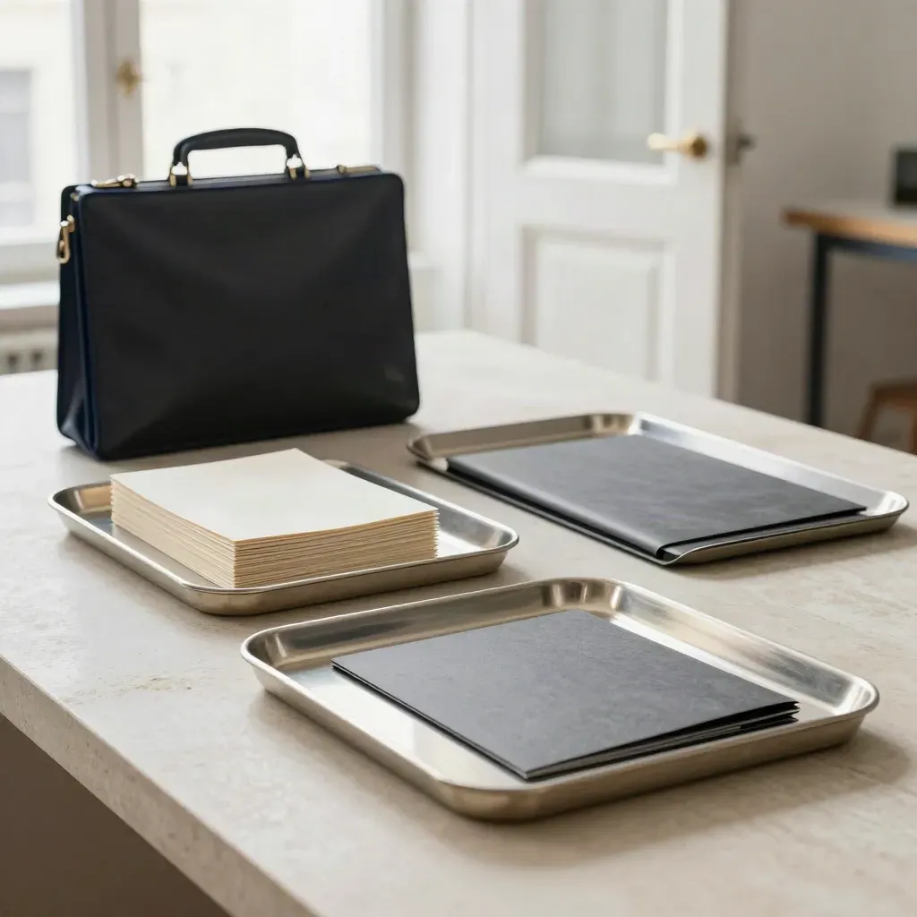 Atelier mit Trays, Aktentasche und Kartenblättern im hellen Tageslicht.