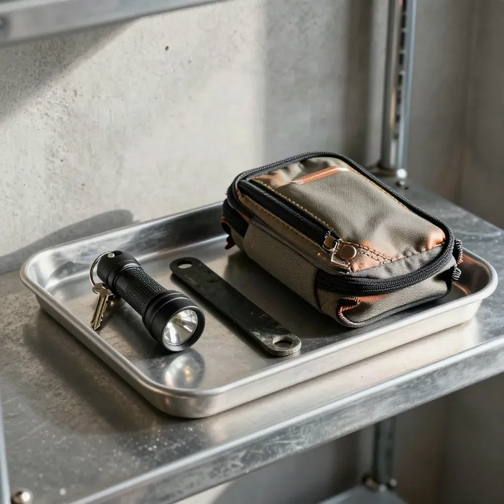 Werkzeugset mit Taschenlampe, Türkeil und Kabeltasche auf Metallschale, dramatisch ausgeleuchtet.