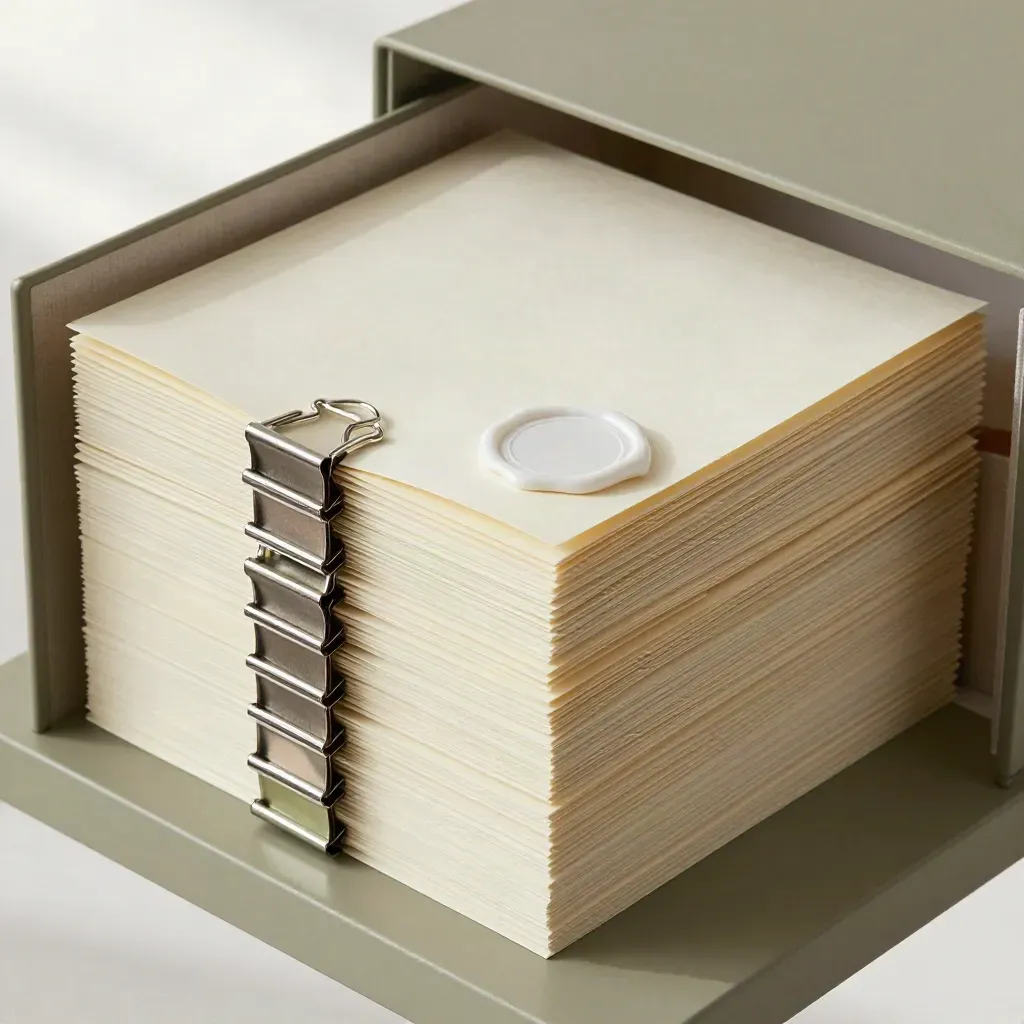 Cremefarbene Archivhüllen, Metallklammern und offene Box in Nahsicht auf khakifarbener Ablage.