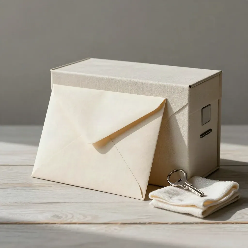 Makro-Stillleben mit Rückgabeumschlag, Archivbox, Schlüsselring und Tuch auf hellem Holz.