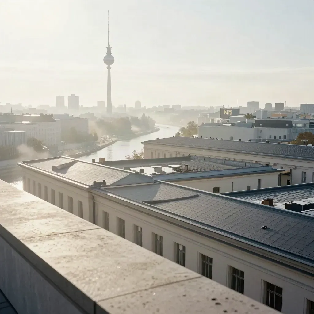Blick über Berlin-Mitte mit Fernsehturm, Spree und dämmrigen Museumsdächern im Morgenhaze.