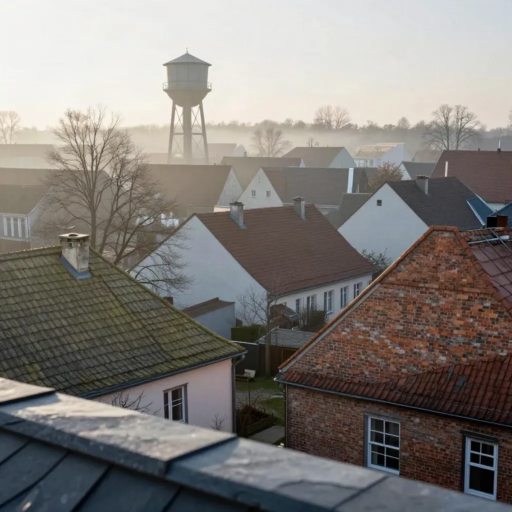 Nordberliner Dächer mit Wasserturm im Morgennebel, ruhig und weit