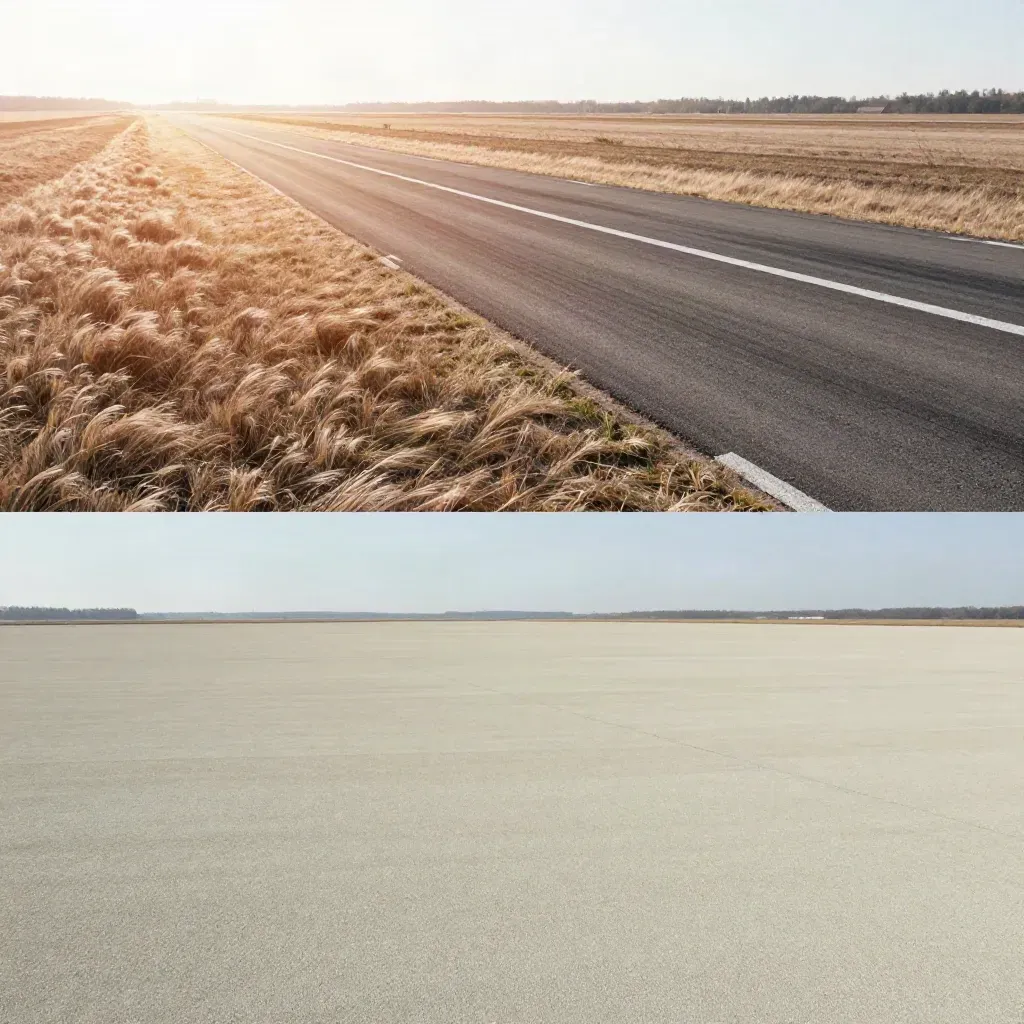 Südberliner Asphaltband am Tempelhofer Feld im warmen Abendlicht, weite ruhige Fläche.