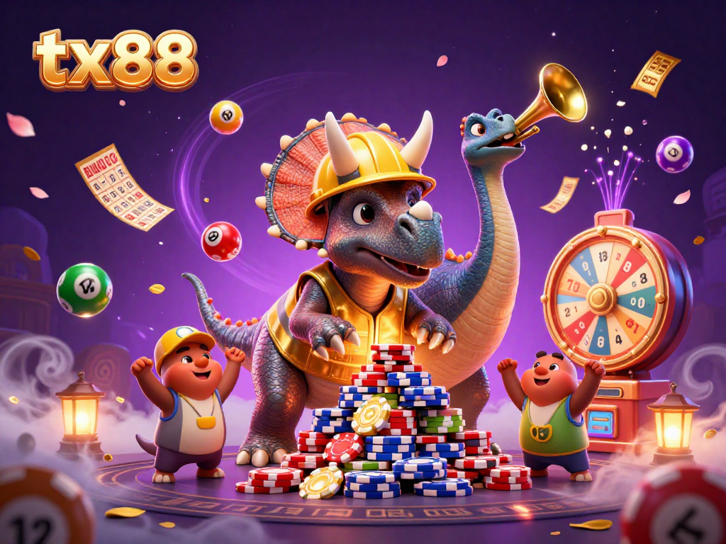 Engage in tx88 gameplay with animated dinosaurs celebrating lottery wins amidst vibrant casino elements.