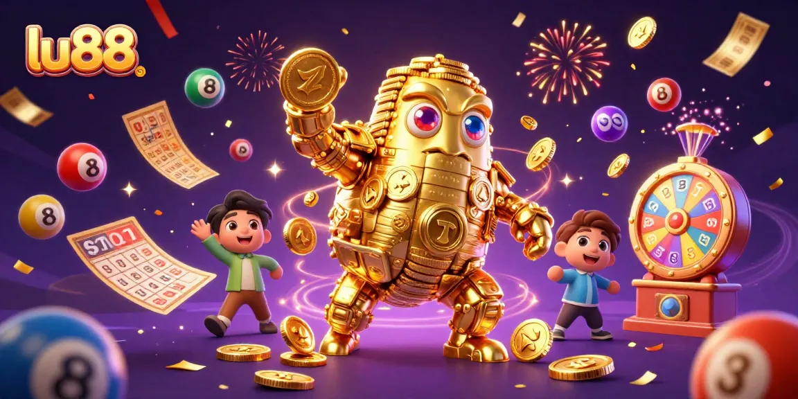 Experience thrilling wins at lu88 with vibrant lottery and casino visuals in a dynamic celebration scene.