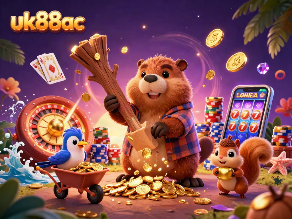 Experience the excitement at uk88ac as a beaver rains golden coins and gems in this vibrant casino illustration.