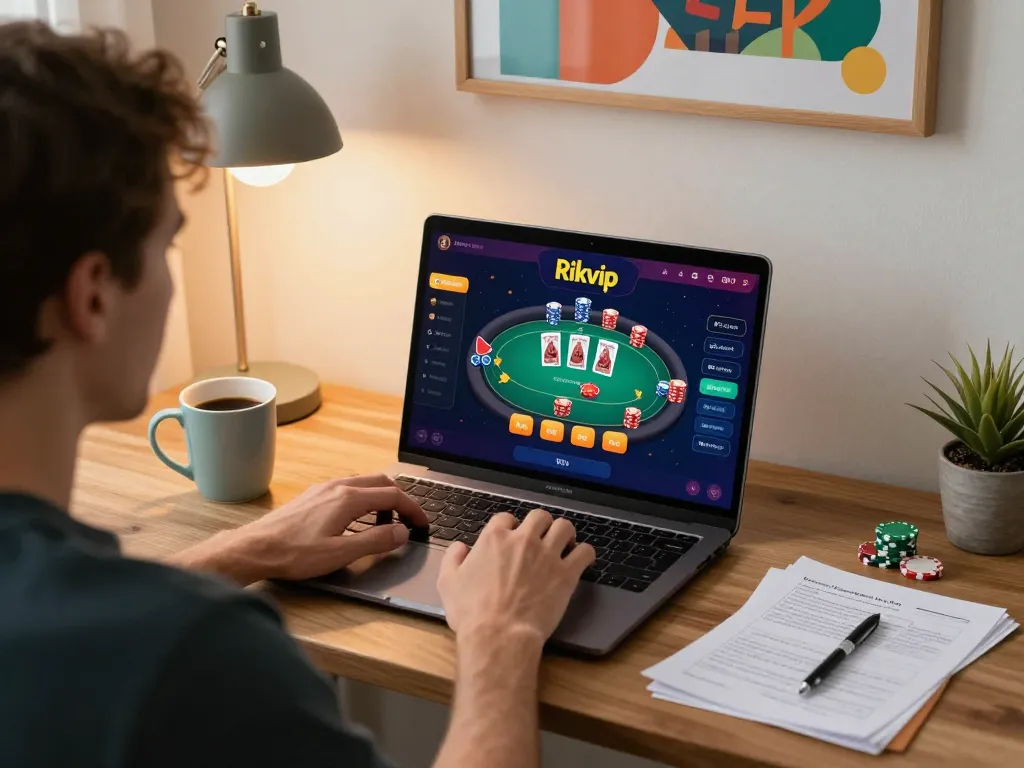 Engaging moment of a player enjoying Rikvip online casino on a laptop, showcasing strategy and excitement.