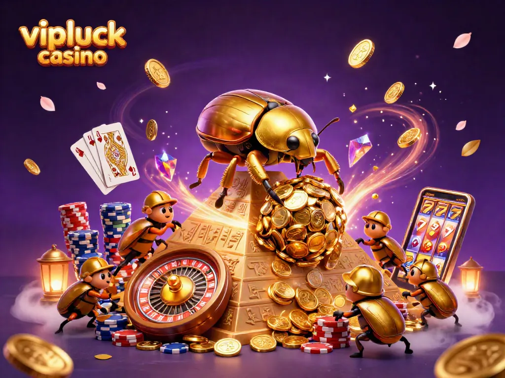 Experience the excitement at vipluck casino with dynamic golden beetles and vibrant casino elements.