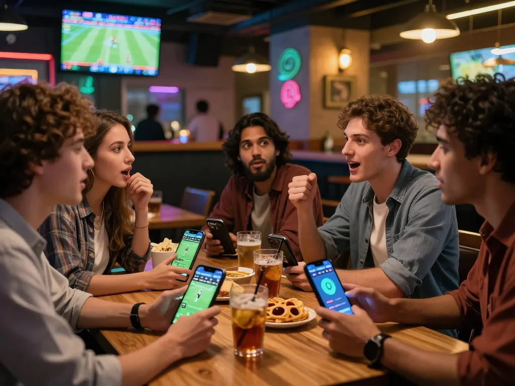 Friends analyzing keo nha cai betting odds in a lively sports bar during a football match.
