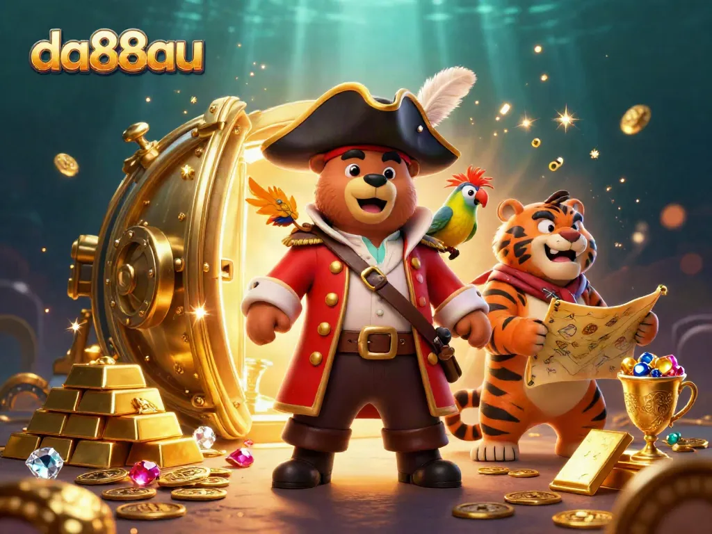 Engage in thrilling adventures at da88au with treasure-hunting pirate characters in a vibrant casino setting.
