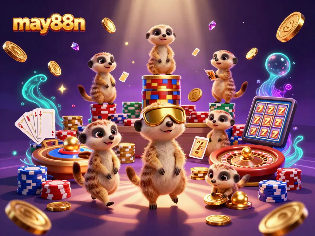 Play and win at may88n with cute meerkats managing a vibrant casino scene