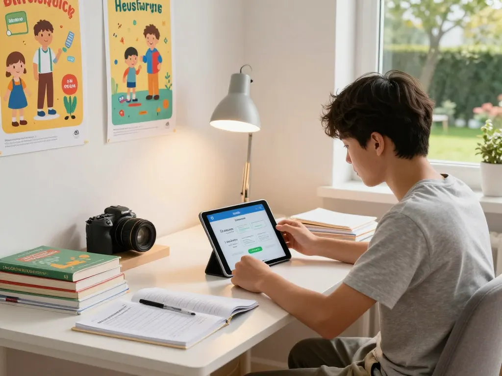 Student nutzt einen Hausaufgaben Scanner auf einem Tablet in einem modernen Arbeitszimmer mit Lehrbüchern und einer warmen Atmosphäre.