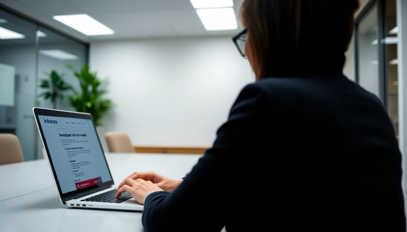 Inkasso beauftragen leicht gemacht: Eine Person nutzt einen Laptop in einem modernen Büro, um Inkassodienstleistungen zu beauftragen.