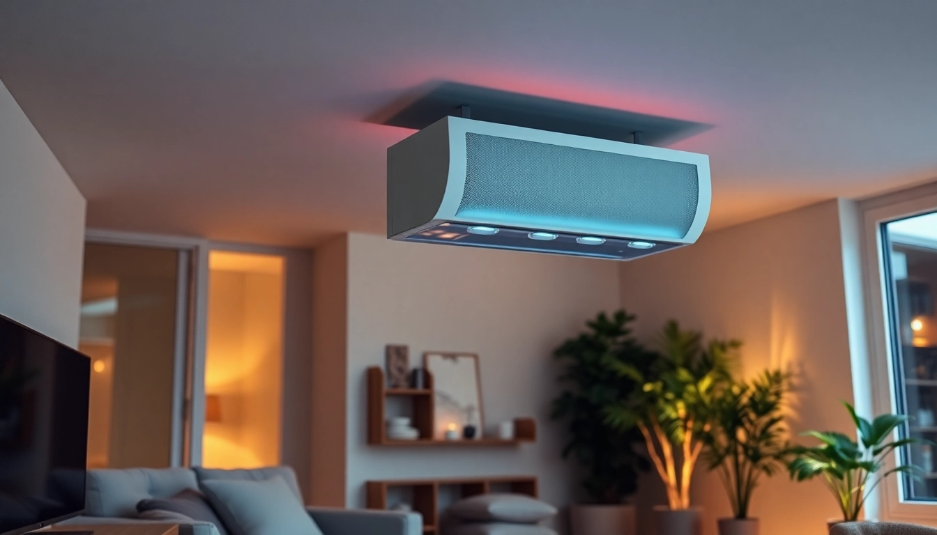 Klimaanlagen kaufen: Vertrauenswürdige moderne Klimaanlage im stilvollen Wohnraum präsentieren.