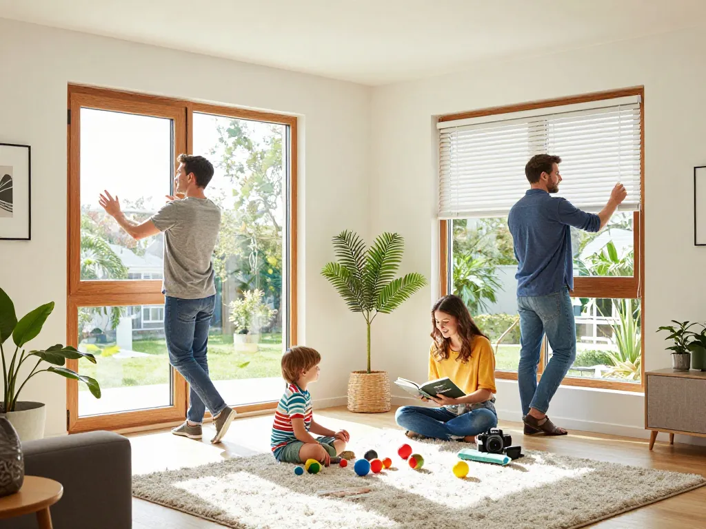 Modernes Wohnzimmer mit Fensterbau Köln Holzfenstern, Familie genießt gemeinsame Zeit in warmer Atmosphäre.