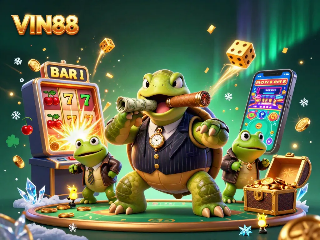 Engage with thrilling casino experiences at VIN88 featuring a vibrant 3D illustration of games and characters.