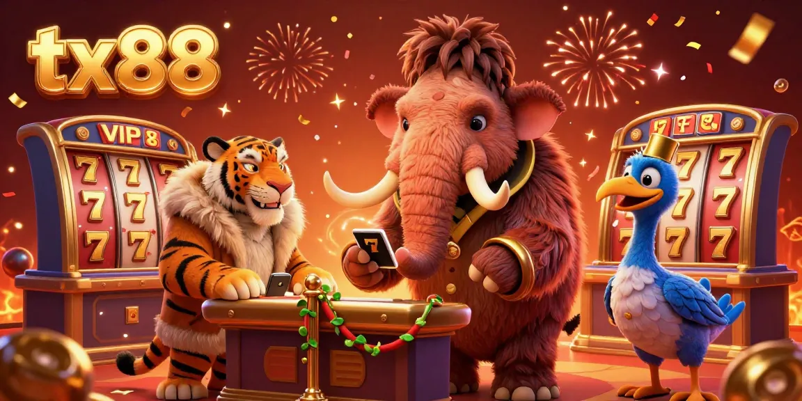 Experience exhilarating gaming action with tx88 as a cartoon mammoth bouncer checks IDs among festive casino symbols.