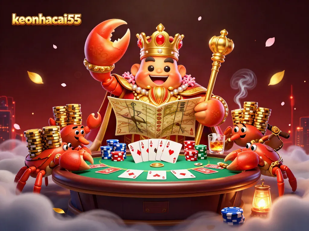 Engage with keonhacai55's thrilling poker scene featuring a golden crab emperor amidst vibrant gaming elements.