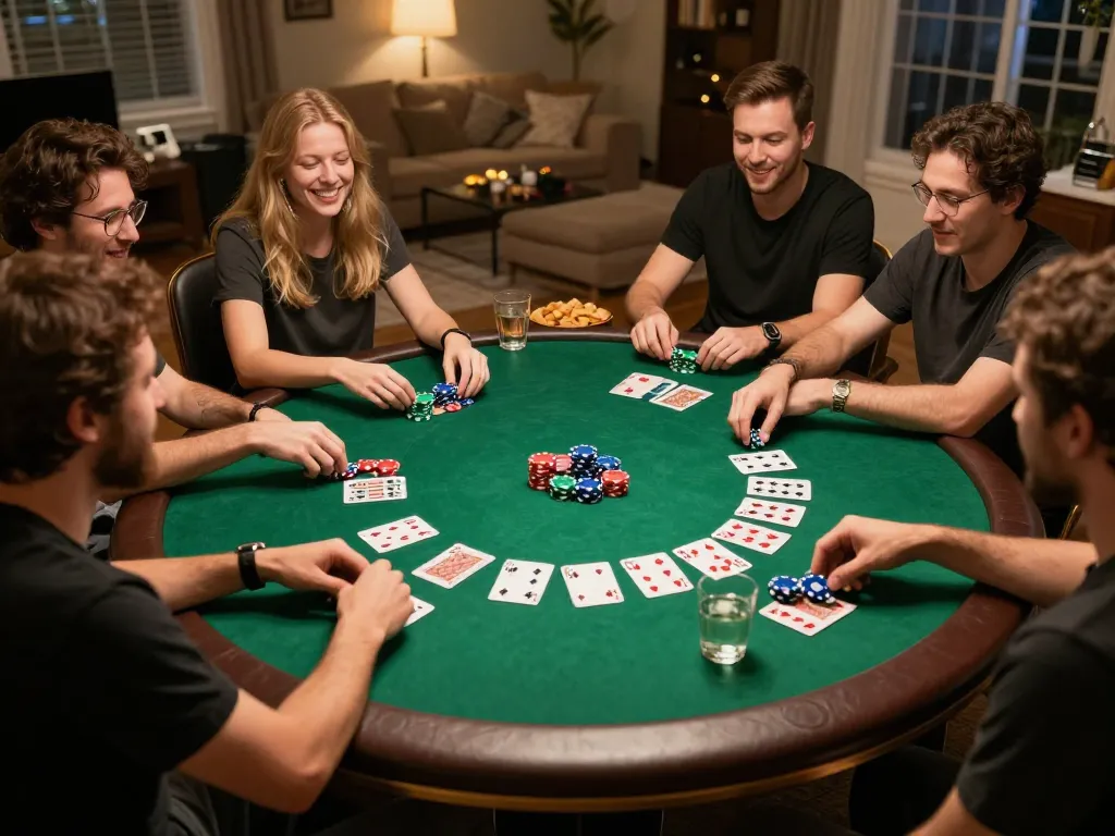 Enjoying a friendly poker game night with friends, featuring 789 club cards and chips.