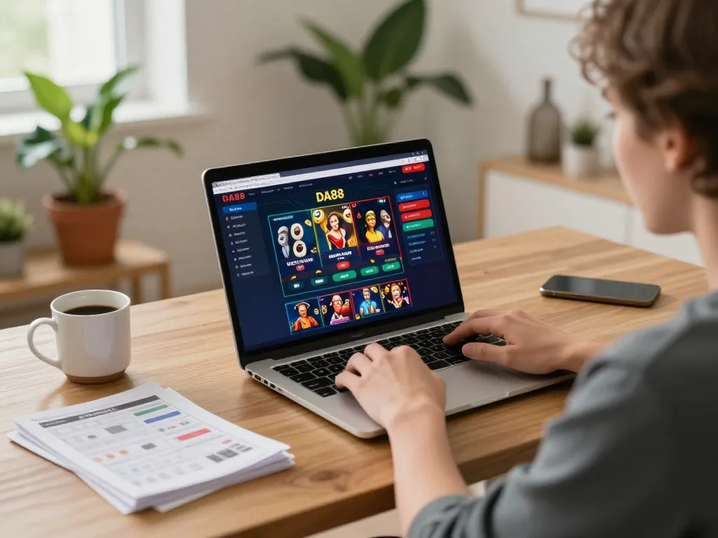 Engaging in DA88 online gaming session with poker and slots on a laptop in a stylish home setting
