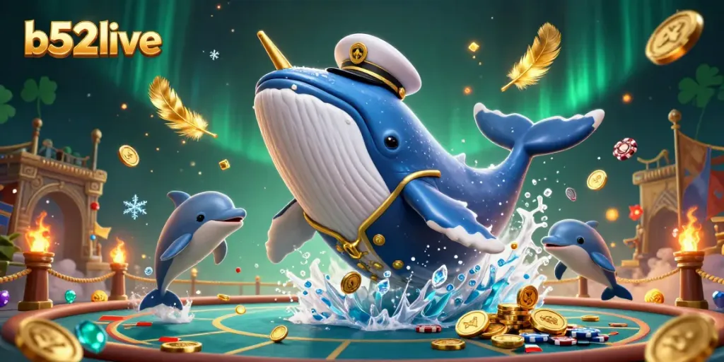 Experience the excitement of b52live as playful dolphins and a captain whale create a thrilling casino atmosphere.