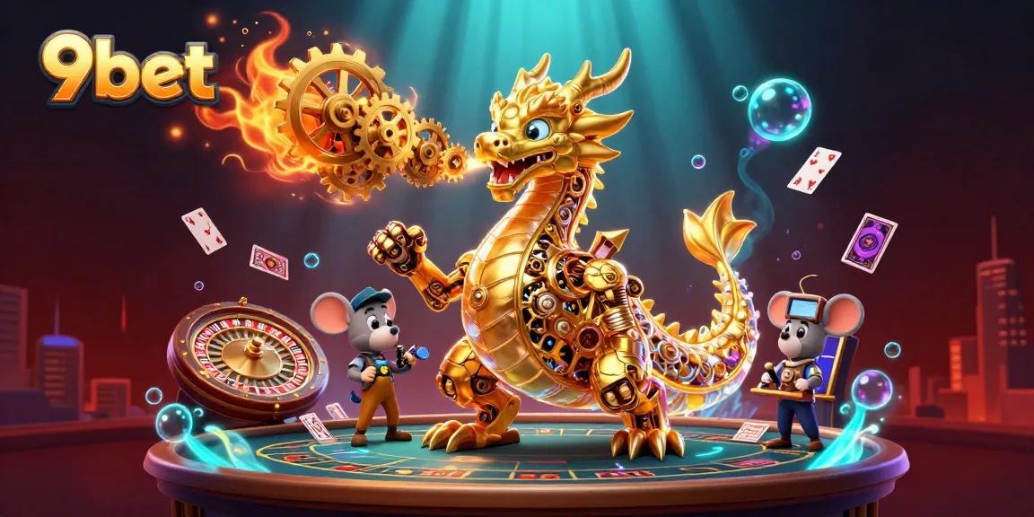 Engage with 9bet's thrilling live casino experience featuring a golden dragon and vibrant game elements