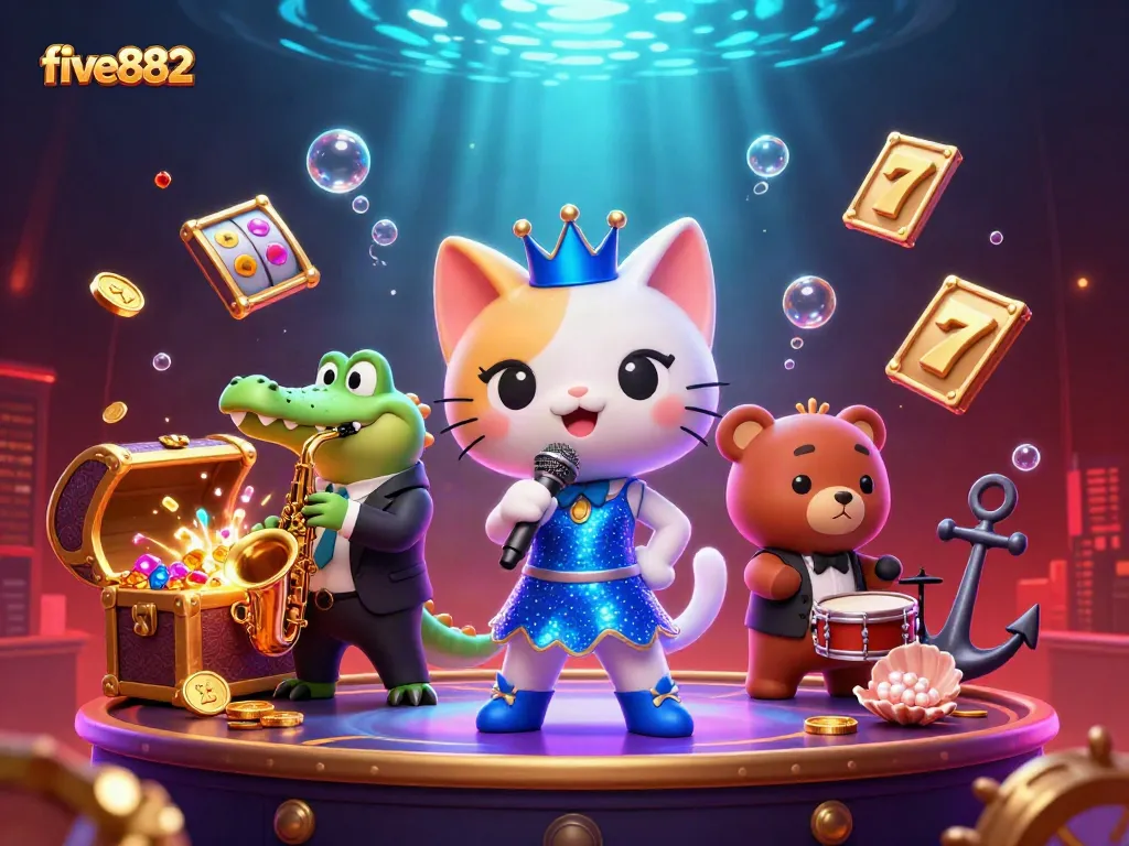 Experience thrilling slots with five882 as cartoon characters enjoy a vibrant casino atmosphere.