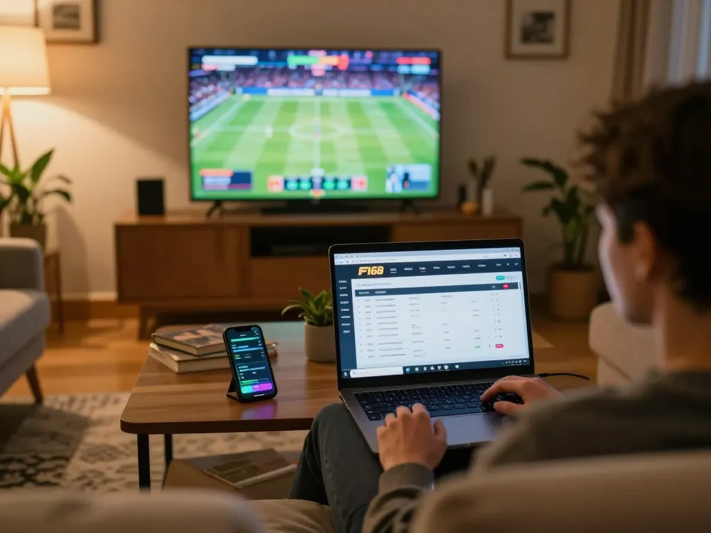 Engage in sports betting at F168 with a cozy home setup featuring laptop and smartphone