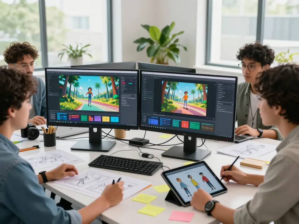 A creative team showcasing motion control ai technology during collaborative session with animations on screens.