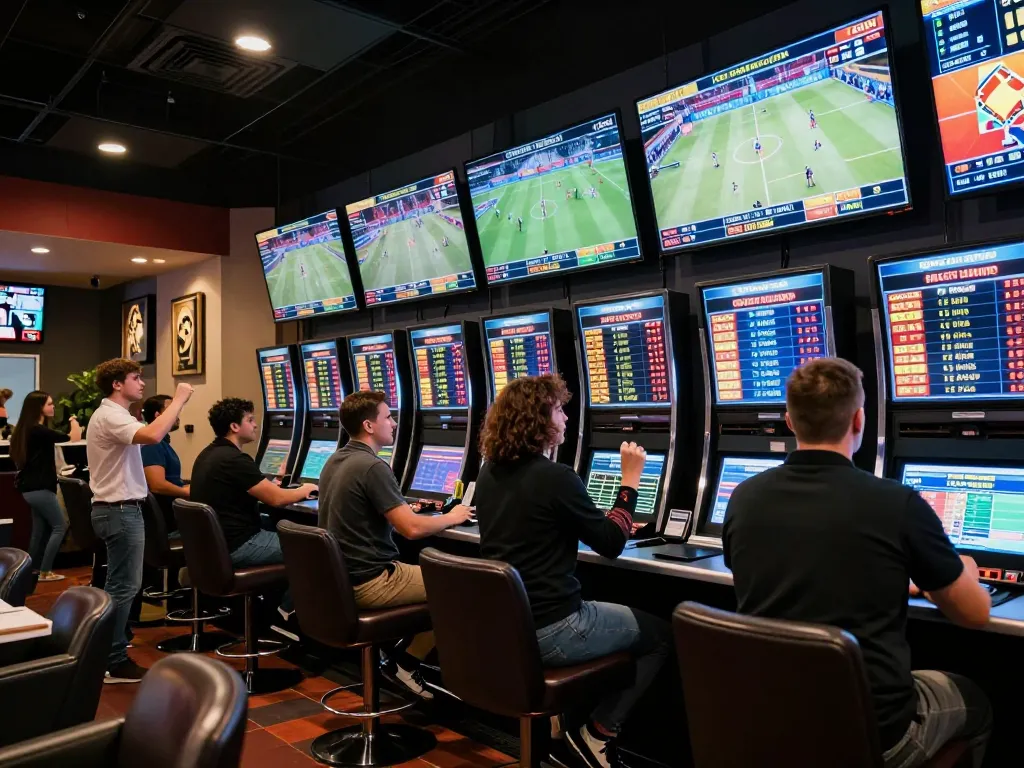 Soi kèo action in a vibrant sportsbook as bettors celebrate winning bets