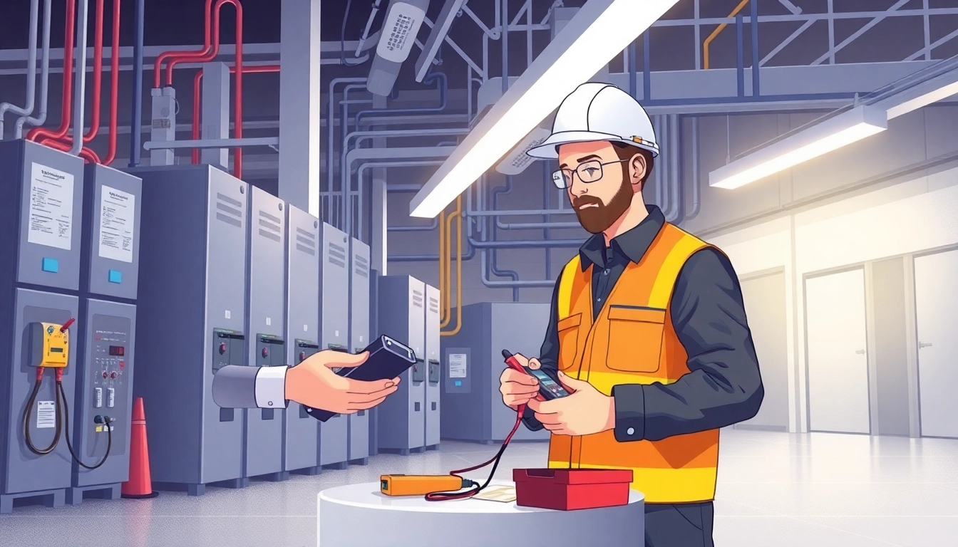 Technician performing a DGUV V3 Prüfung on electrical equipment in a bright industrial workspace.