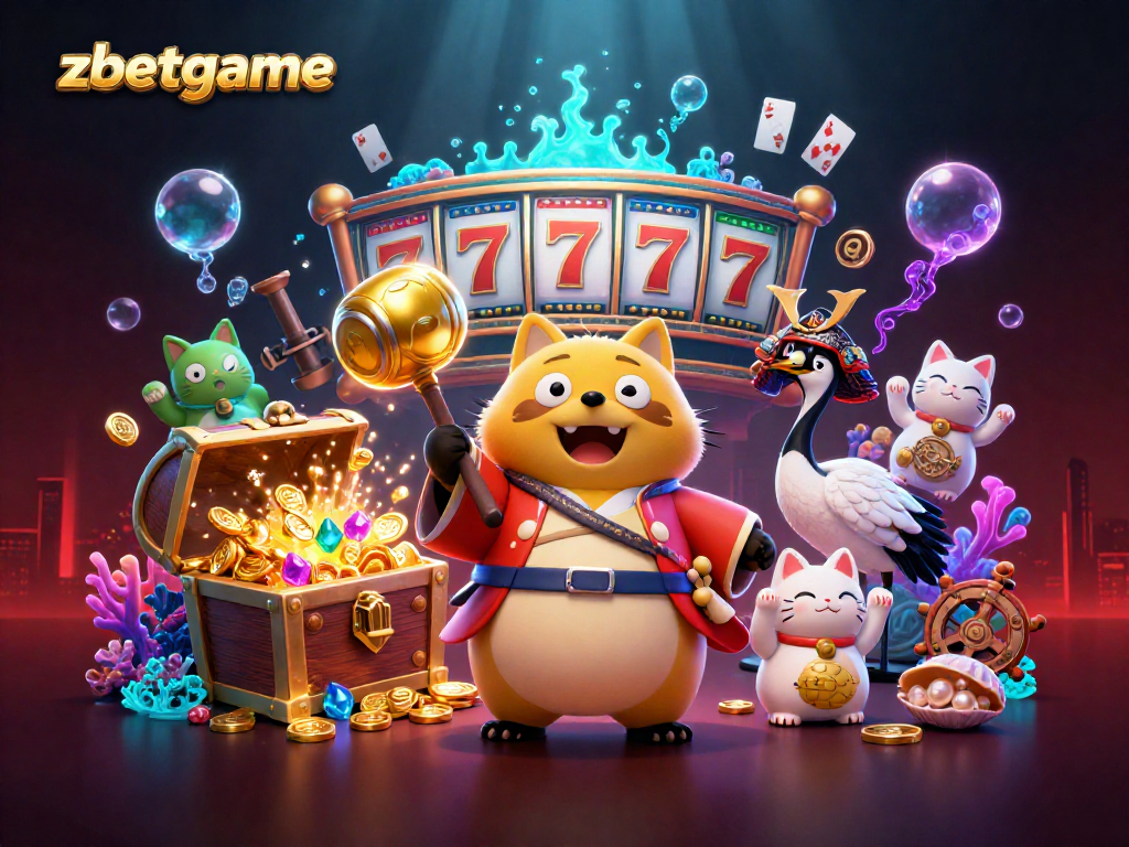 Engage in thrilling gameplay with zbetgame's vibrant 3D illustration featuring a cheerful tanuki, crane, and fortune cats.