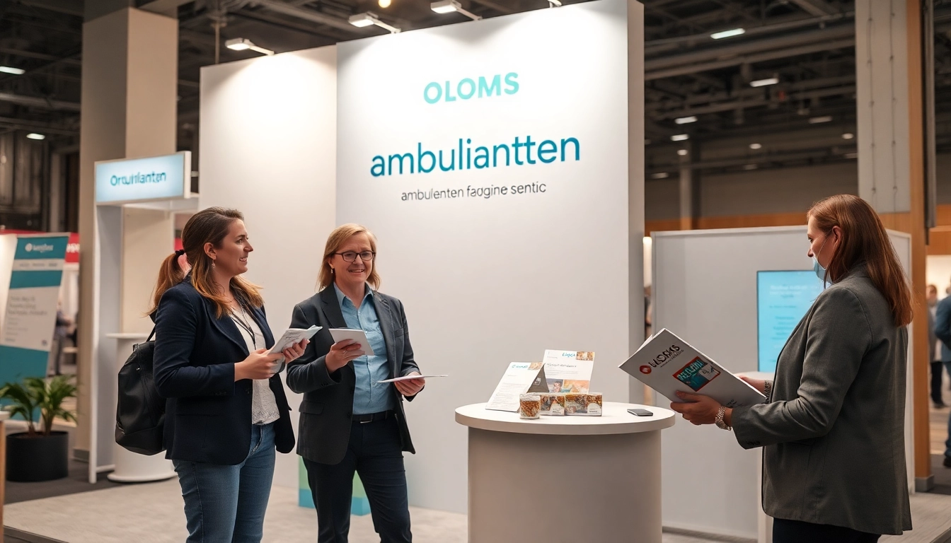 Professionelle Werbung für Pflegedienst, ansprechender Stand mit lächelnden Mitarbeitern und Informationsmaterial.
