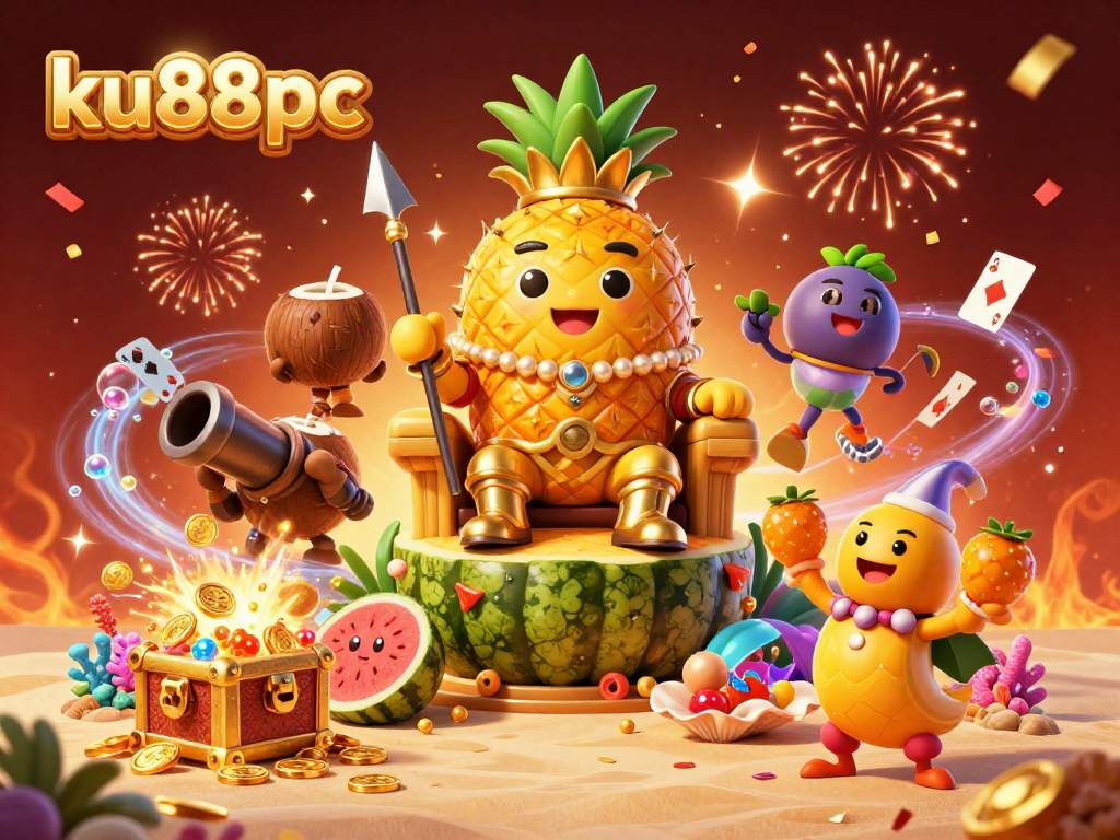 Engage with ku88pc at a vibrant beach casino featuring a golden pineapple king and colorful game elements.