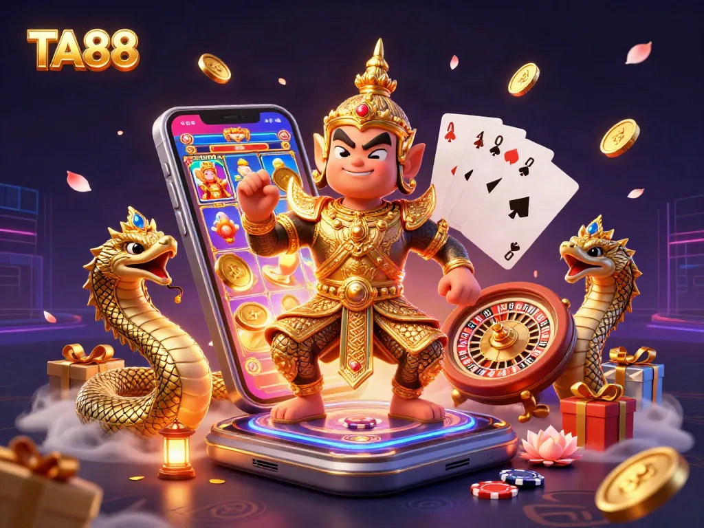 Engage with TA88’s vibrant 3D casino scene featuring golden guardian and thrilling slot games.