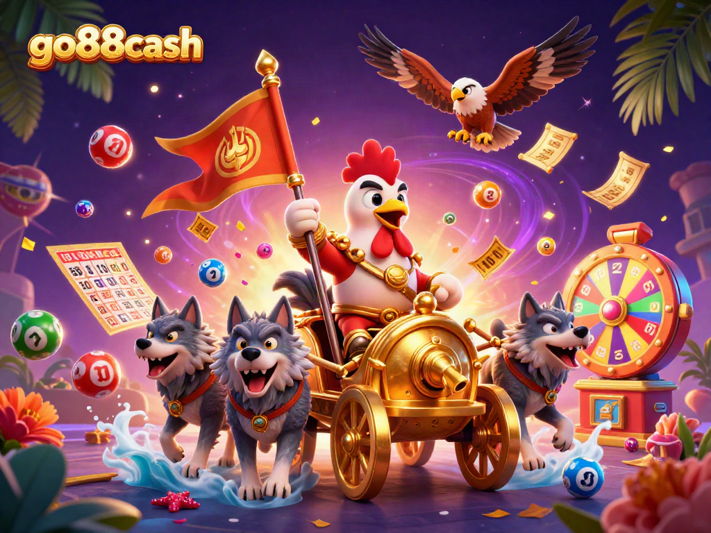 Engage in thrilling wins at go88cash, featuring dynamic lottery elements and cartoon characters in a vibrant casino scene.