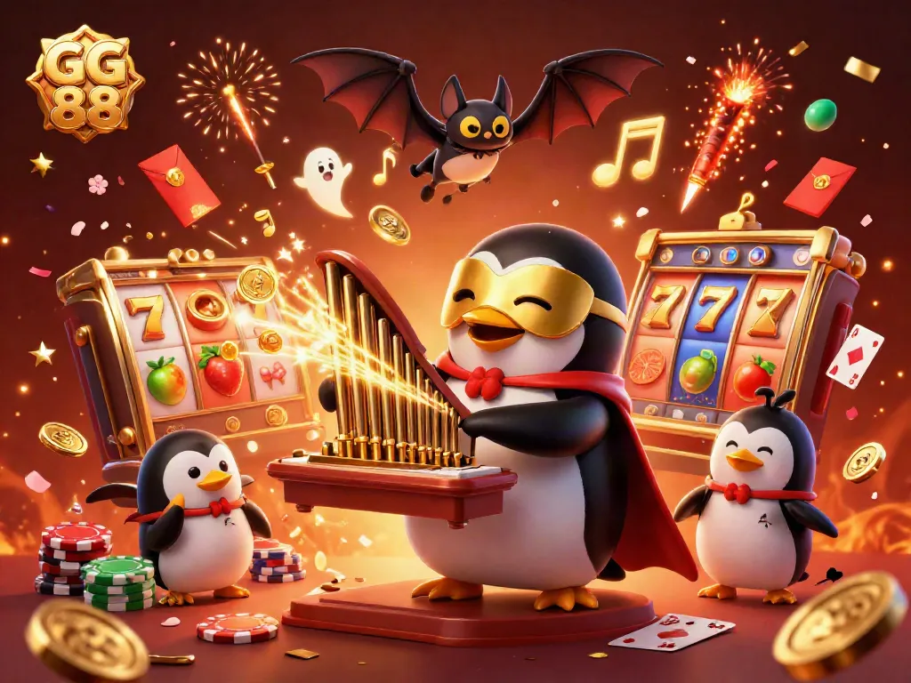 Experience thrilling moments with GG 88 at a lively casino scene featuring slots and a playful penguin.